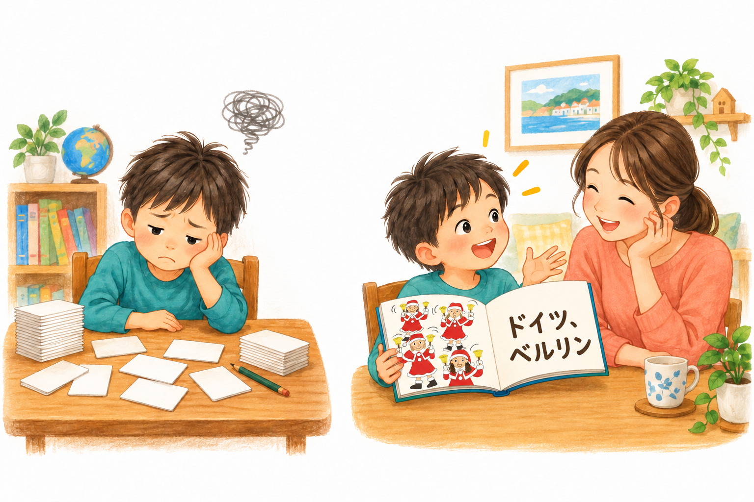 左は単語カードを前に困っている子ども。右は本を広げ、楽しそうに母親へ話しかけている同じ子どものイラスト。