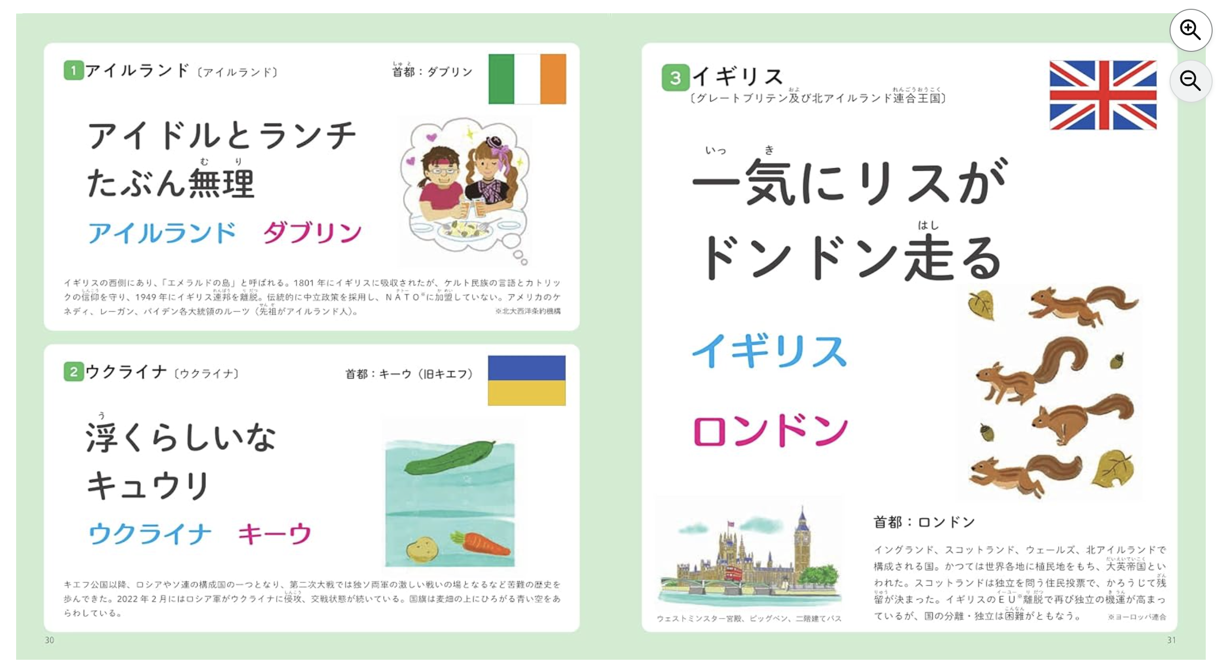 一気にリスが ドンドン走る。イギリスとロンドンをつなぐダジャレなど、ヨーロッパの見開き。