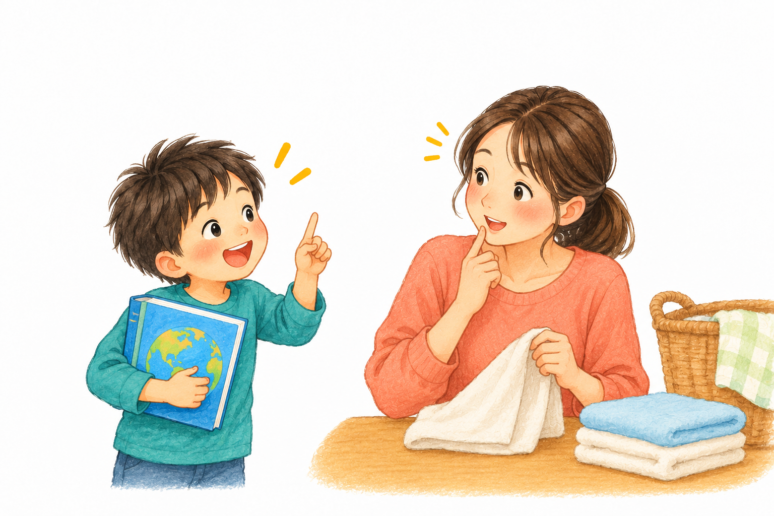 本を持った男の子が、洗濯物を畳んでいる母親に突然クイズを出す。母親も驚きながら楽しそうに考えている。