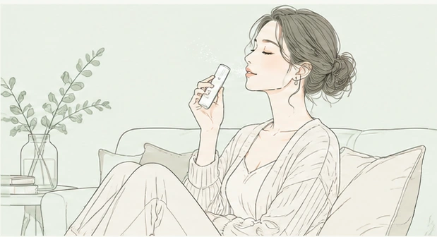 自宅のソファで酸素ミストを使う女性のイラスト