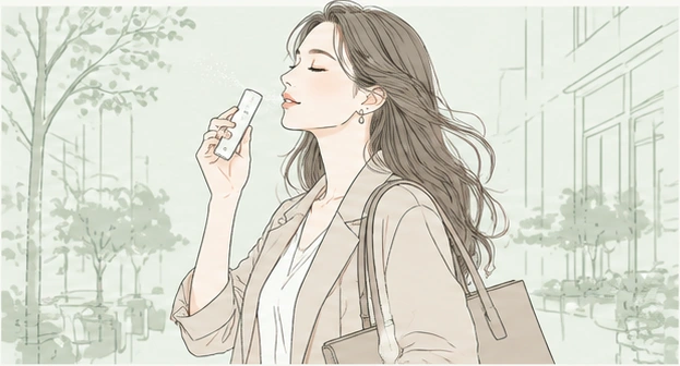 外出先で酸素ミストを使う女性のイラスト
