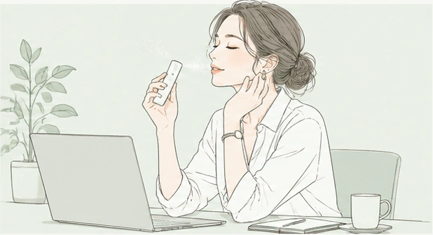 仕事の休憩に酸素ミストを使う女性のイラスト