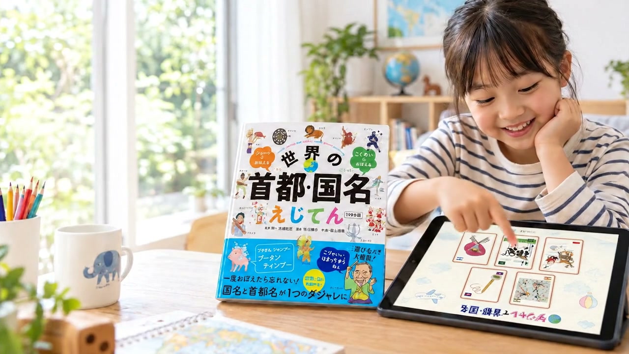 えじてんと、5枚の絵札が並ぶ首都・国名カルタをタブレットで楽しむ子ども