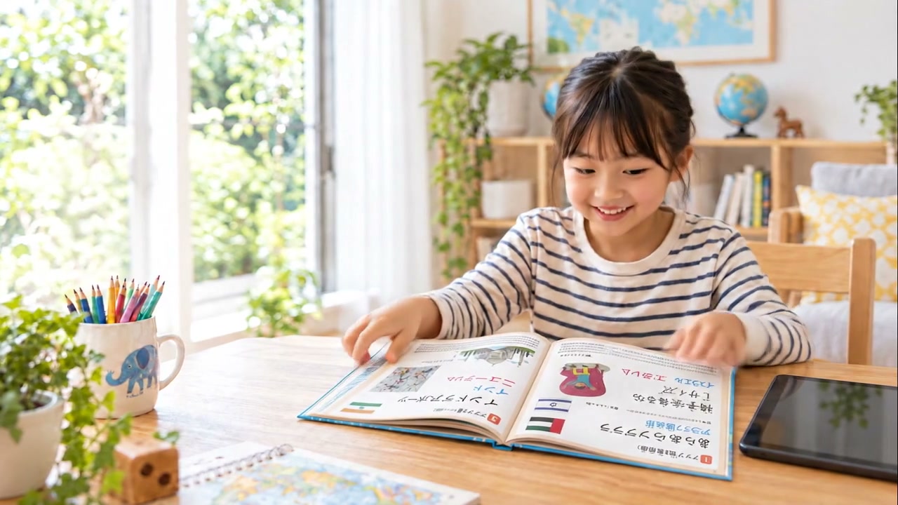 女の子が自分の向きに開いた世界の首都・国名えじてんを読む