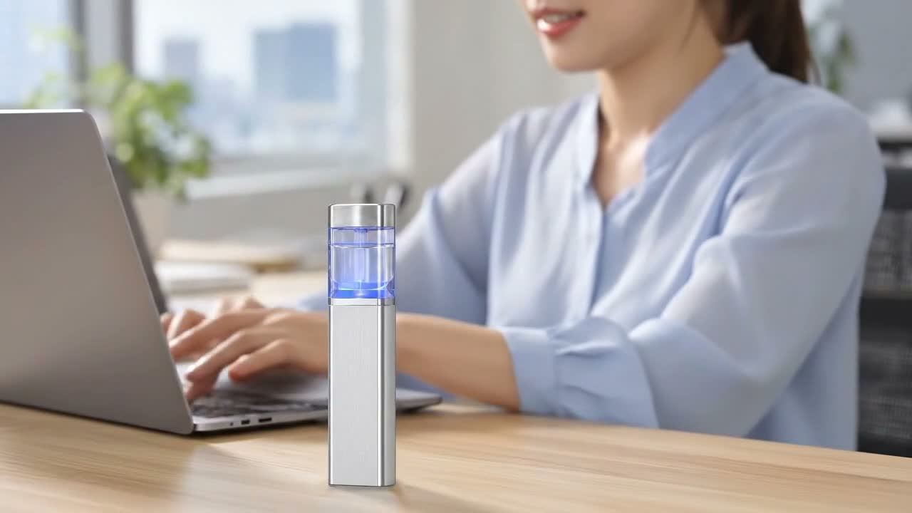 オフィスの机に置かれた携帯酸素ミストPOSEI。背景にパソコンで作業する女性の口元と手元