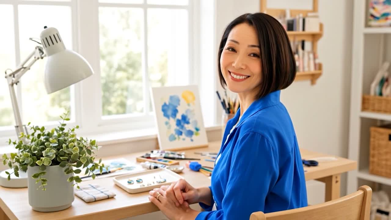 机と作品を奥に残し、振り向いてほほえむ西山直美